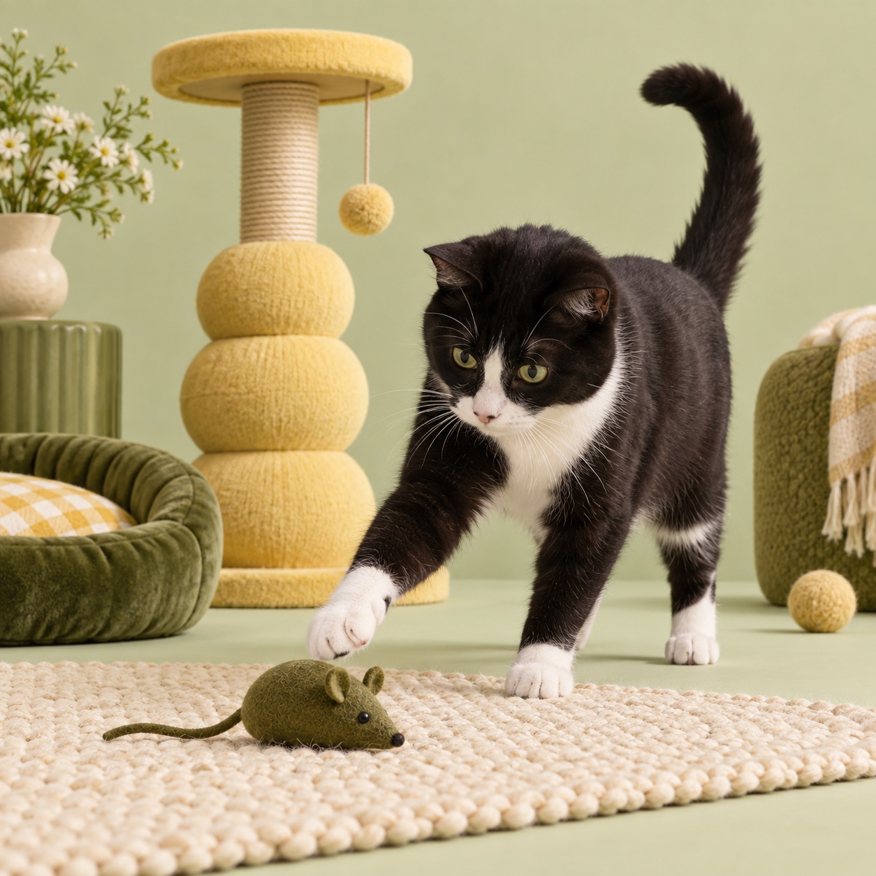 Campaign artwork of a tuxedo cat enjoying a toy