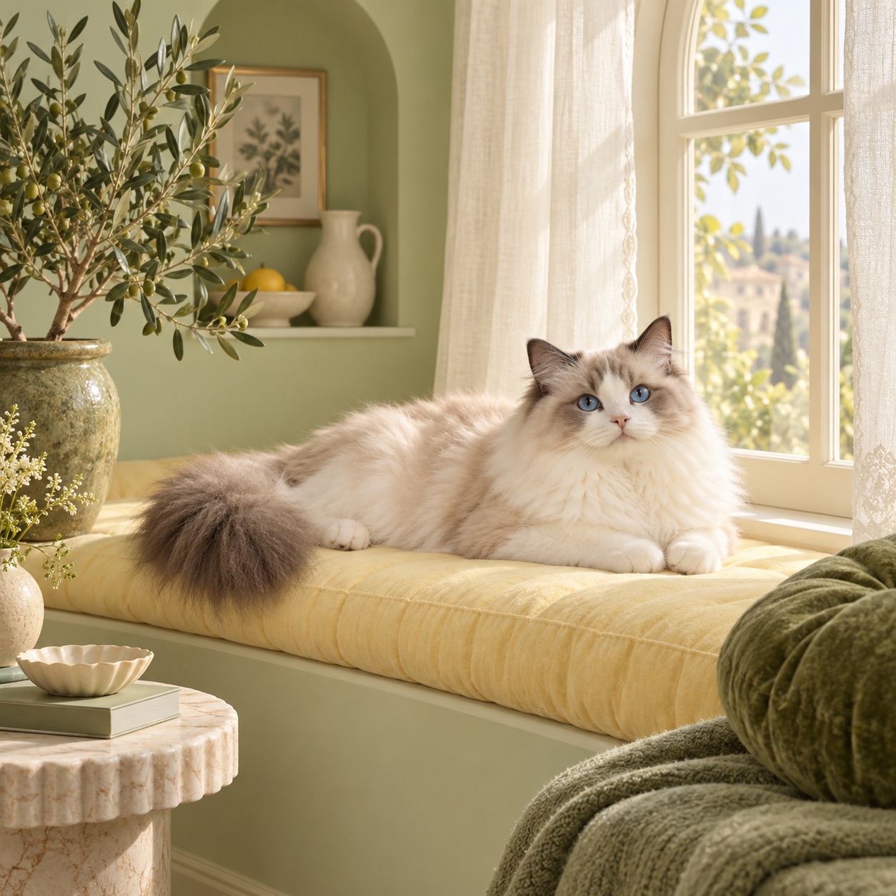 Campaign artwork of a ragdoll resting in a sunny window