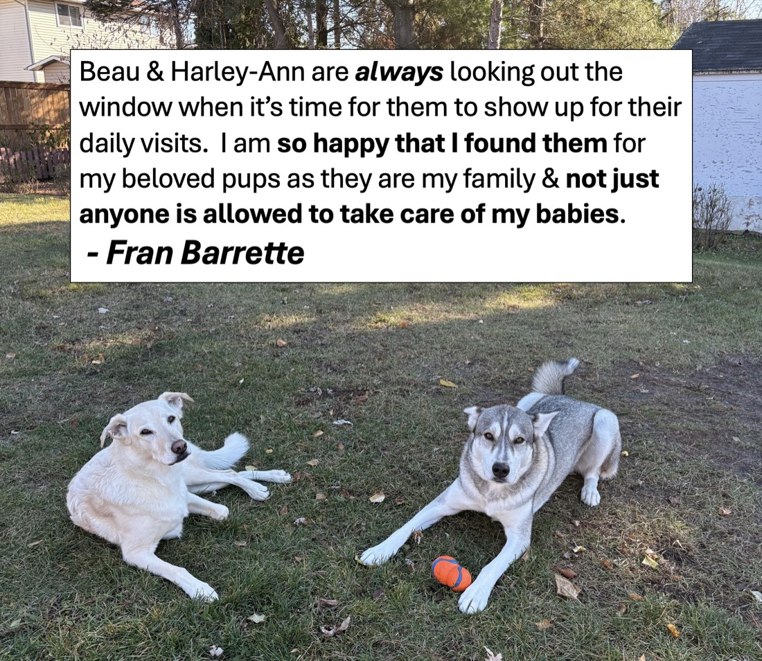 Client note from Fran Barrette about trusted care for Beau and Harley-Ann