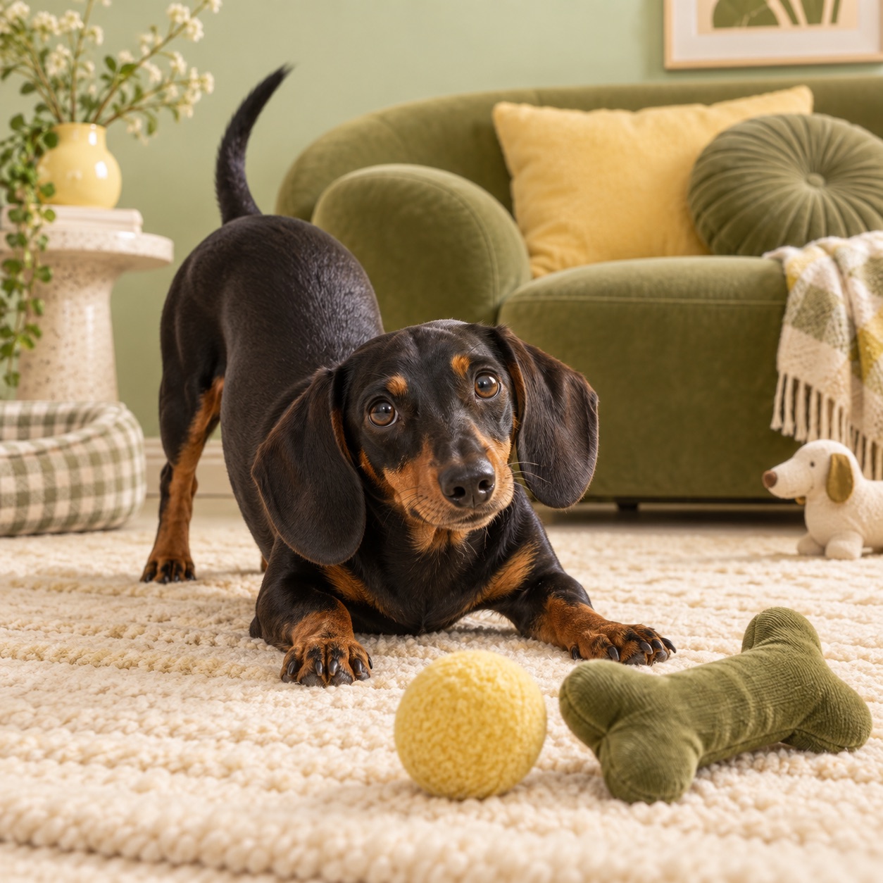 Campaign artwork of a dachshund playing at home