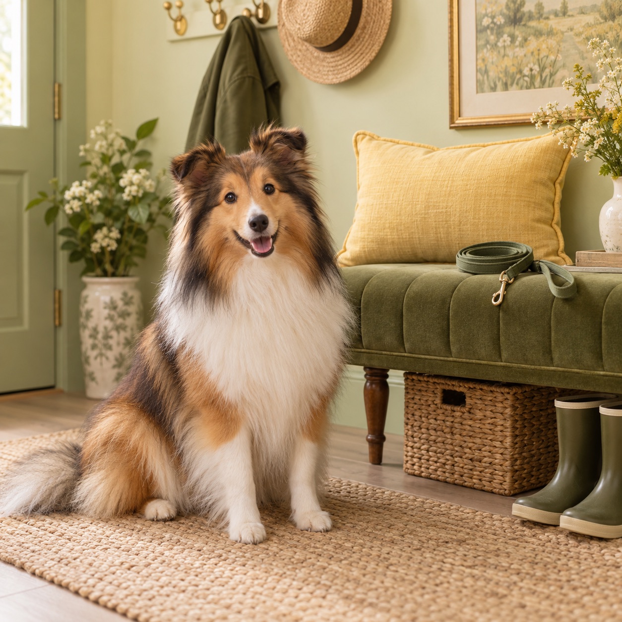 Campaign artwork of a Sheltie waiting by a welcoming entryway