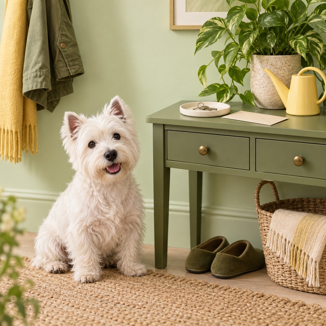 Campaign artwork of a Westie beside a tidy home entryway