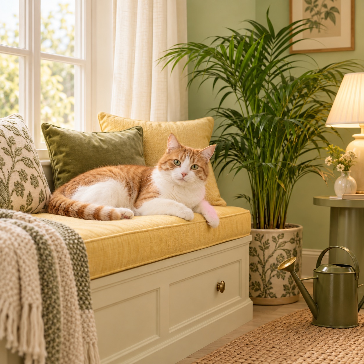 Campaign artwork of a cat at home beside cared-for plants