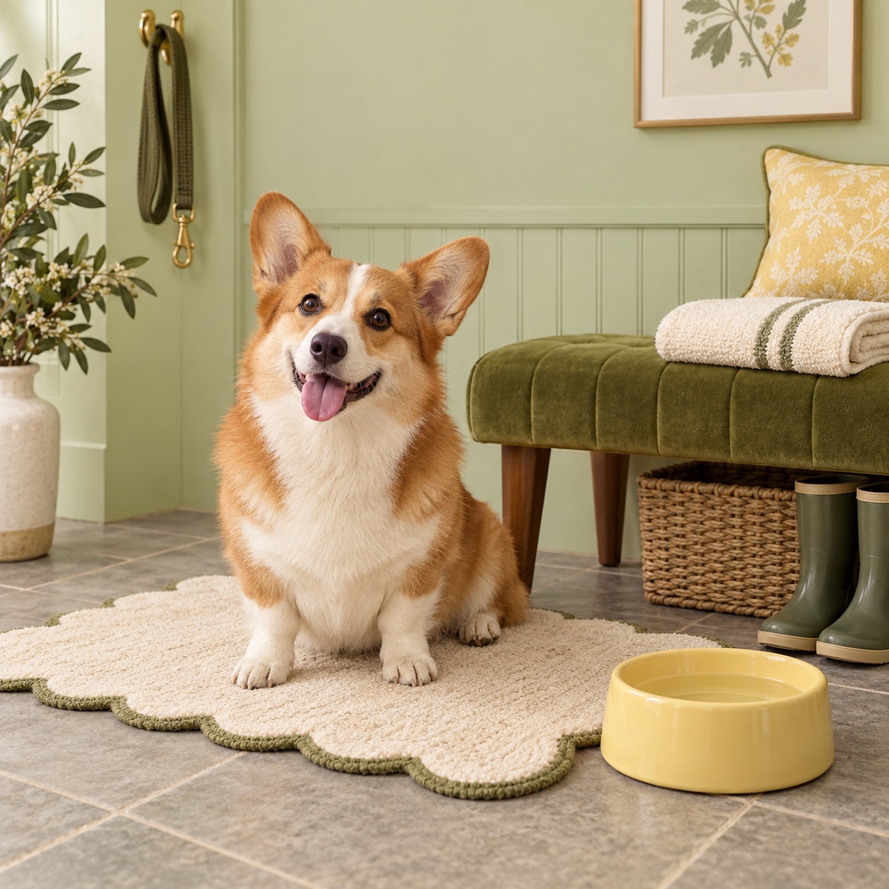 Campaign artwork of a corgi relaxing after a walk